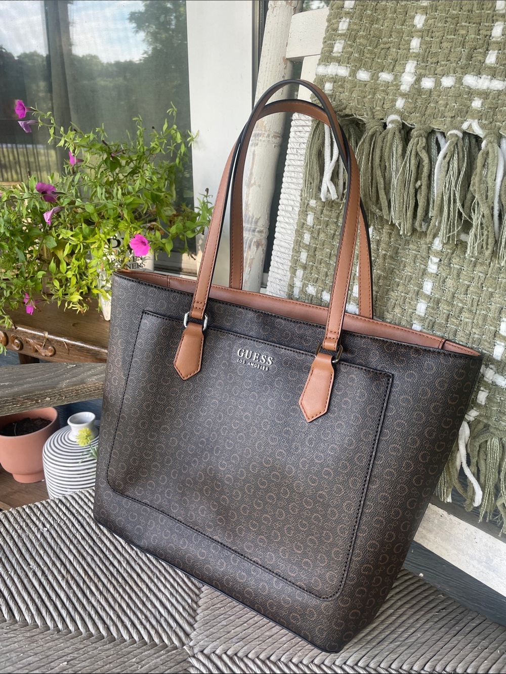 GUESS Brown and Tan Logo-Print Tote